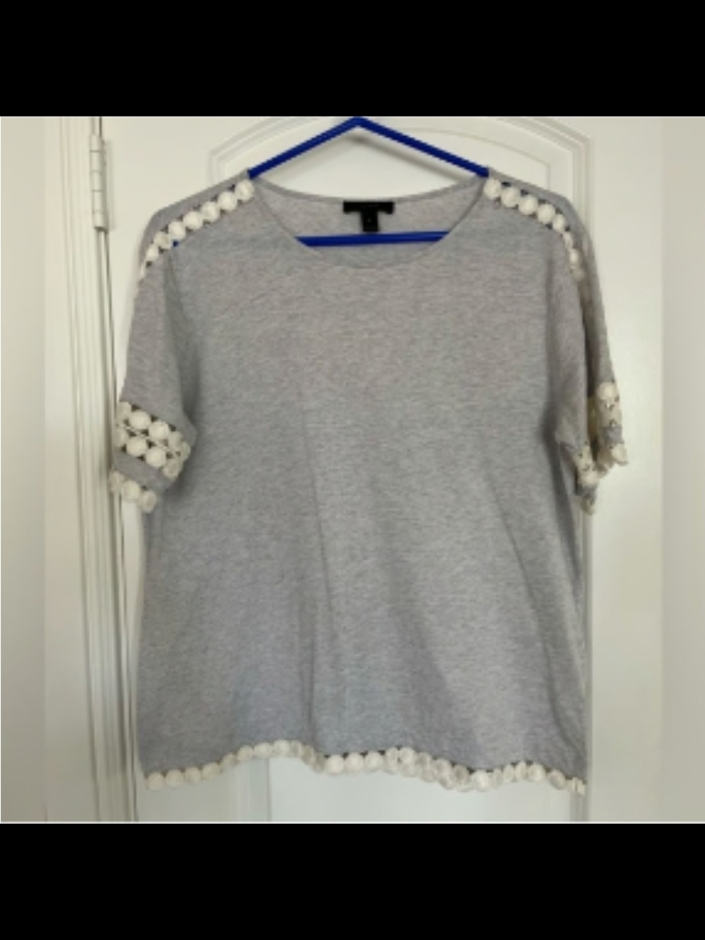 J. Crew Light Gray Short Sleeve Tee with Cream Pom-Pom Trim